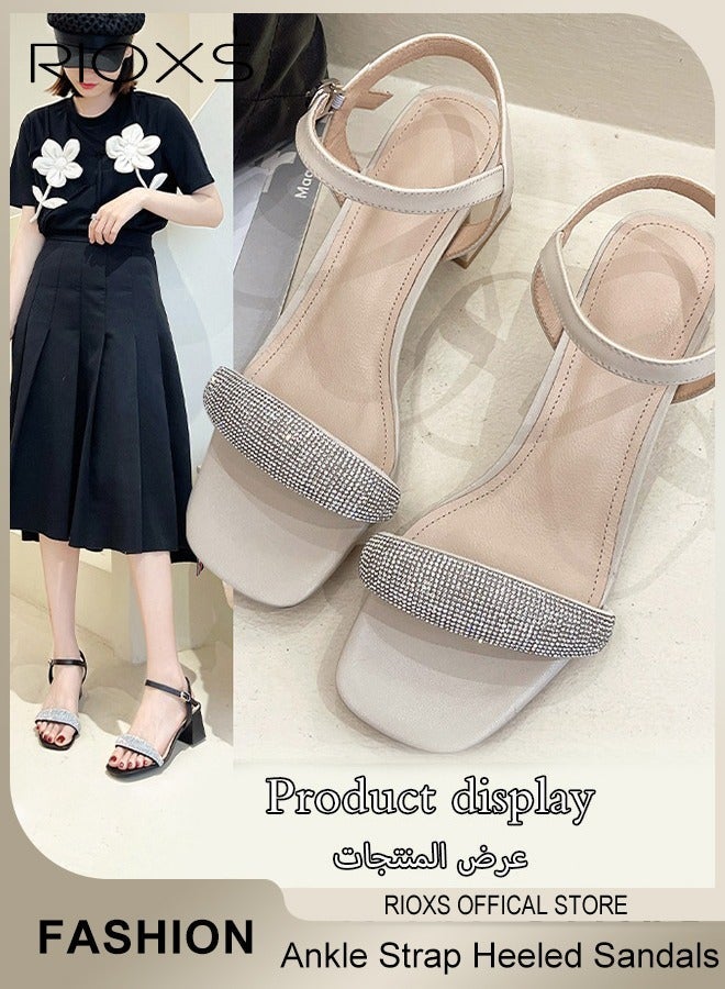 RIOXS Women Chunky Heeled Mules, Square Open Toe Slip-on Sandals with Rhinestone Chains, Trendy Heeled Sandals for Ladies, Ankle Strap Wedding Sandals with Non-slip Sole, Easy to Pair with Jeans or Skirt for Casual Look - Image 3